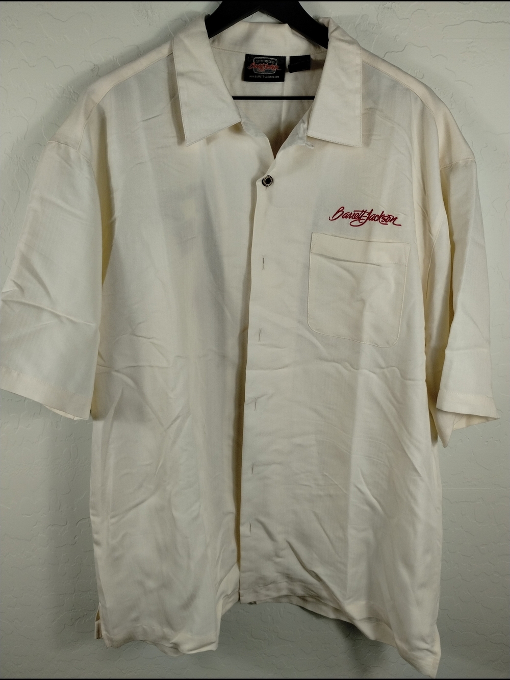 Barrett Jackson Retro Cream Button-Up Shirt with Red Script Logo